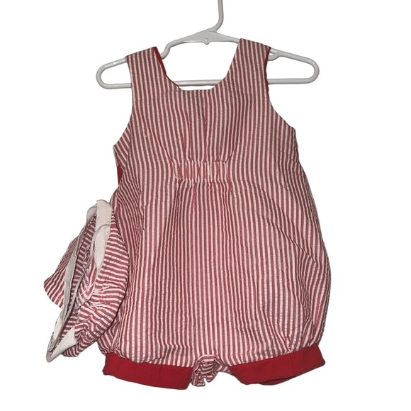 Pete’s Partner by goodlad red seersucker romper w hat cat fish embroidered 6/9m - Picture 2 of 4